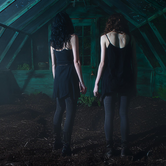 two women stand over a buried body in a greenhouse